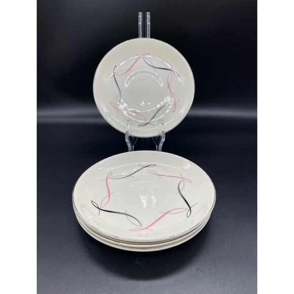 Vintage Atomic 1950’s Set of 4 White Saucers with Pink Silver & Black Design - Picture 1 of 7